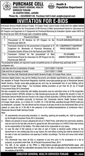 Health & Population Department Lahore Tender Notice